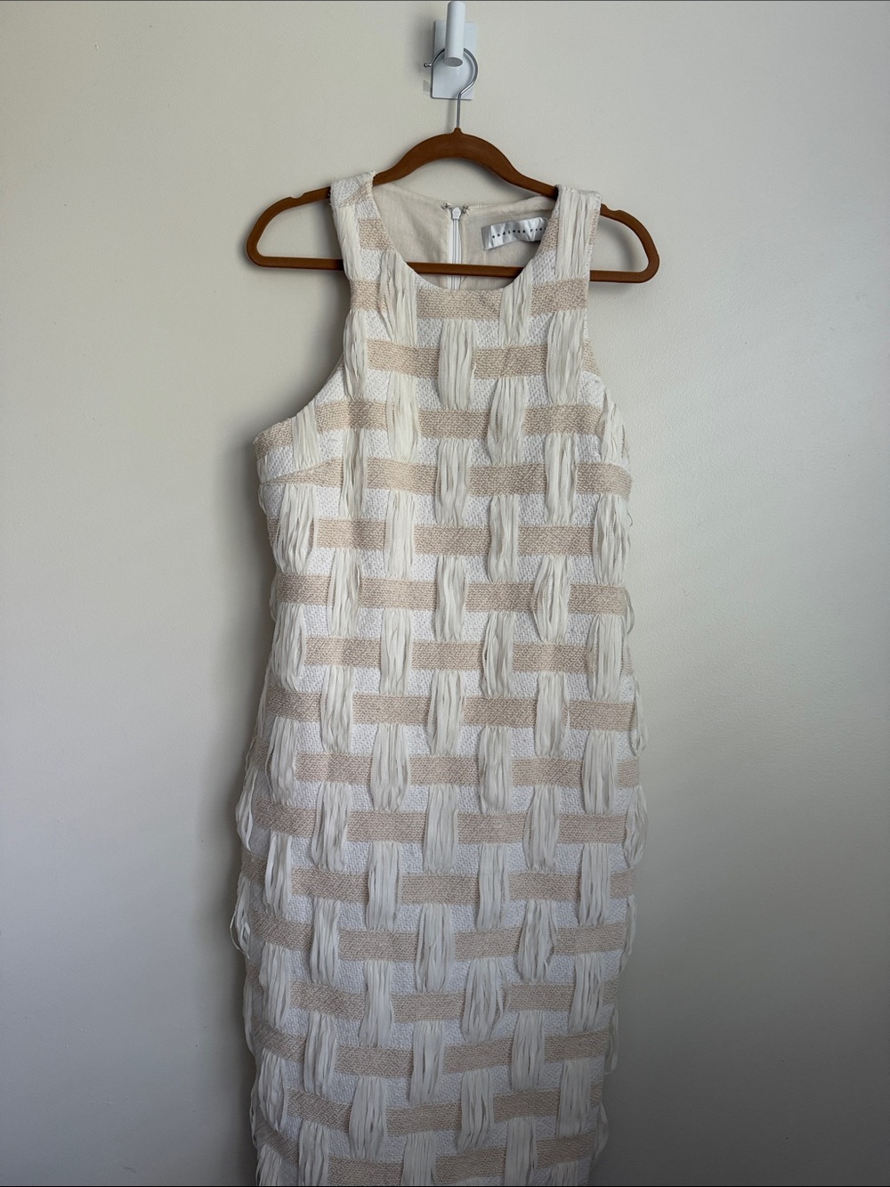 Endless Rose Ivory & Beige Fringe Basketweave Midi Dress NWT